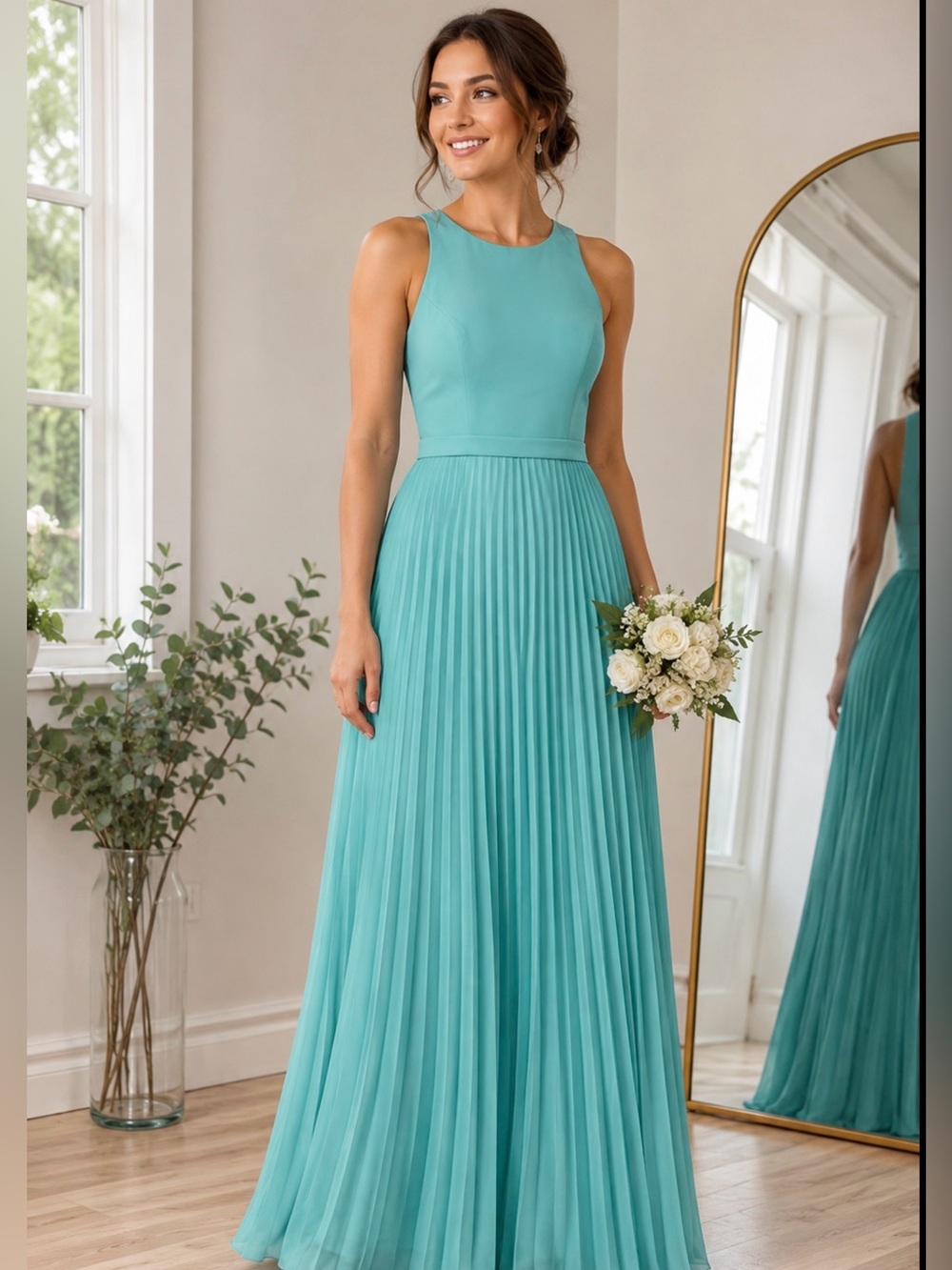 Azazie Aqua Chiffon Pleated Maxi Dress A4 Sleeveless Bridesmaid Formal Gown NWT
